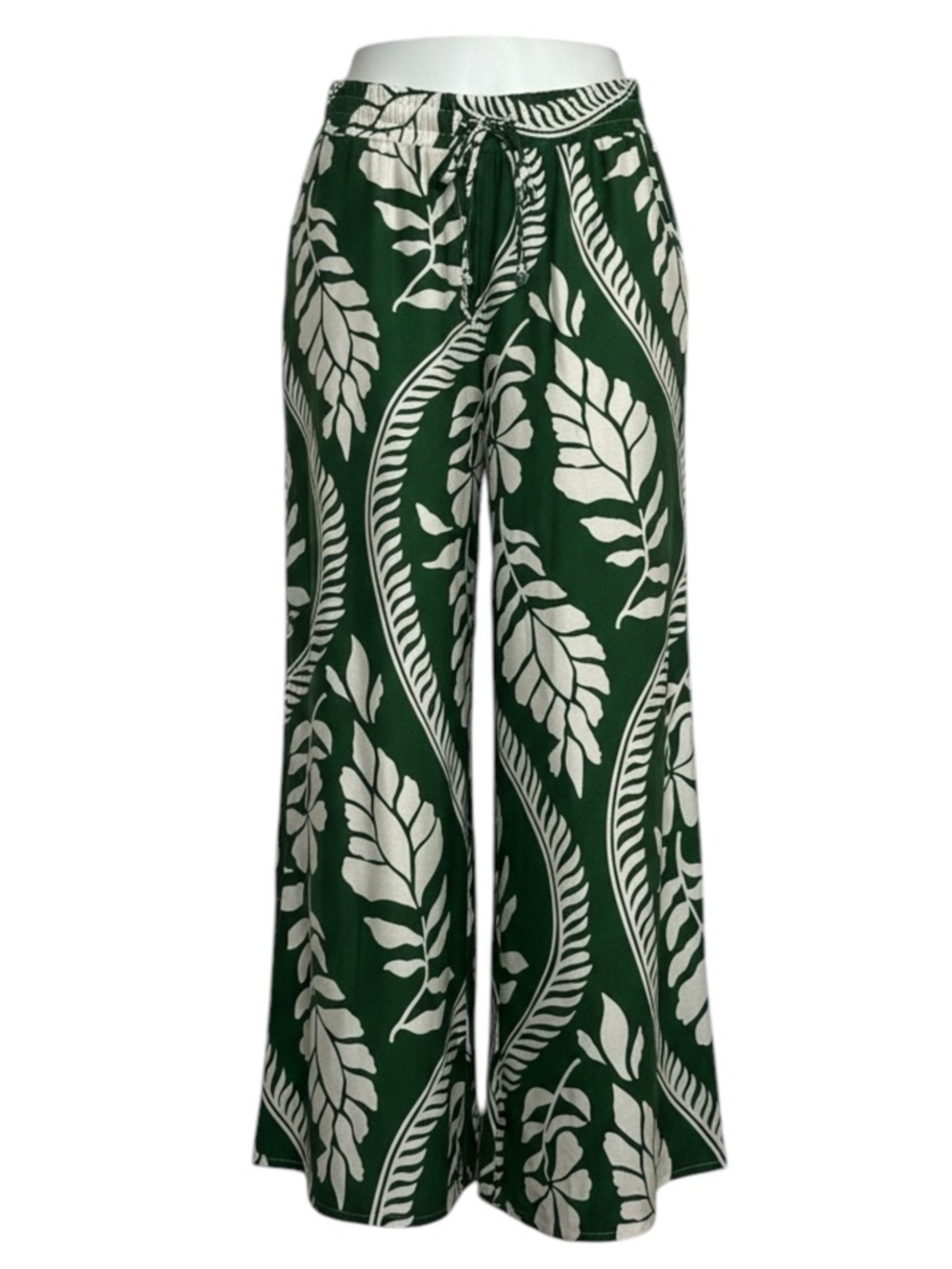 Lightweight Wide Leg Printed Palazzo Pants in Green and White